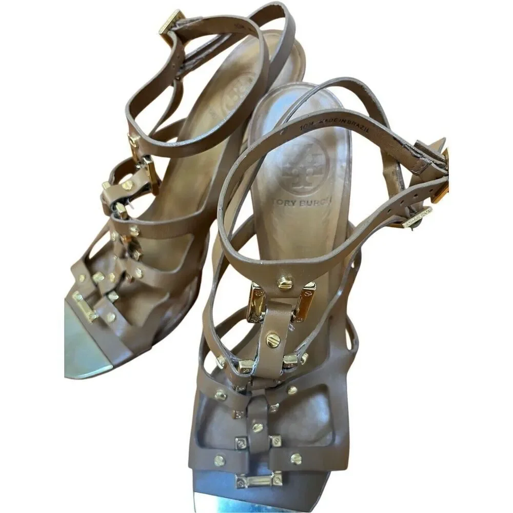 Tory Burch Francesca Camel Leather & Gold Strappy Ankle Stiletto High Heels 10